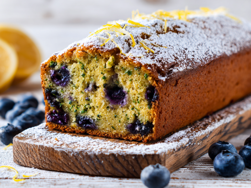 Ein Zucchini-Blaubeer-Kuchen auf einem Holzbrett. Er ist angeschnitten und gibt den Blick auf saftigen Teig und Blaubeeren frei. Auf seiner Kruste ist etwas geriebene Zitronenschale verteilt. Um das Brett verteilt liegen Blaubeeren sowie Zitronen.