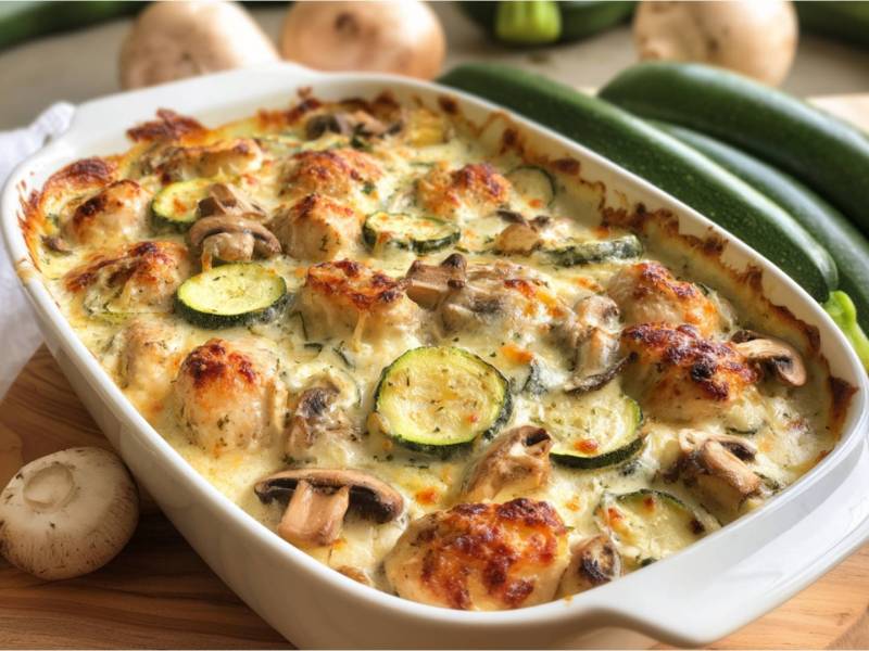 Auflaufform mit Zucchini-Champignon-Auflauf mit Hähnchen, Zucchini daneben