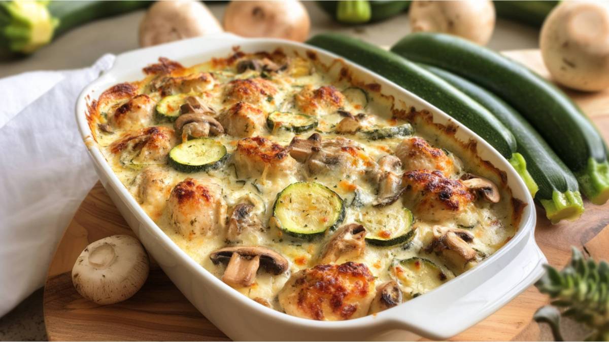 Auflaufform mit Zucchini-Champignon-Auflauf mit Hähnchen, Zucchini daneben