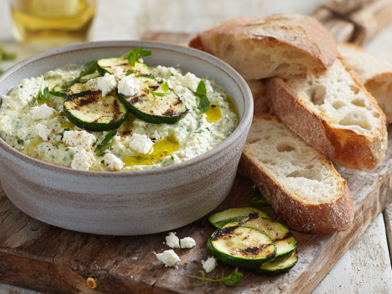 Eine Schale Zucchini-Feta-Aufstrich.