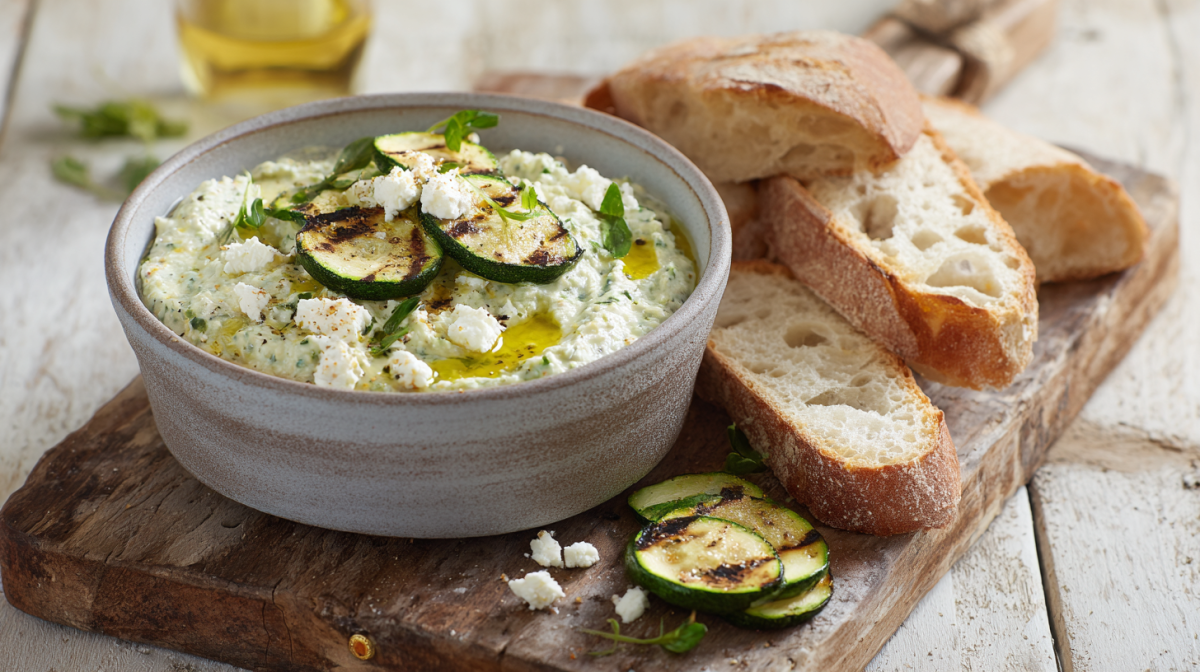 Eine Schale Zucchini-Feta-Aufstrich.