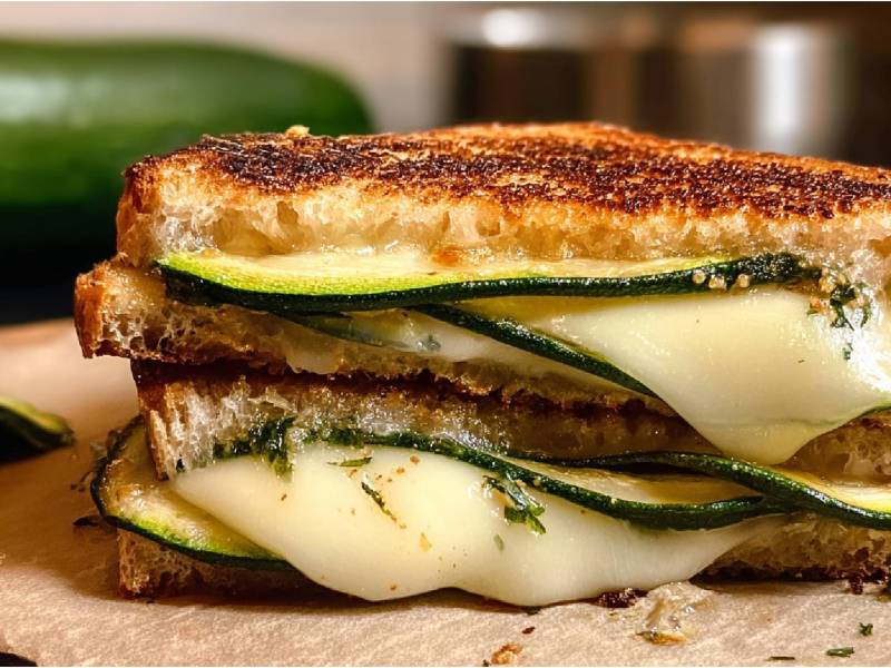 Grilled Cheese Sandwich mit Zucchini und Ziegenkäse auf einem Tisch