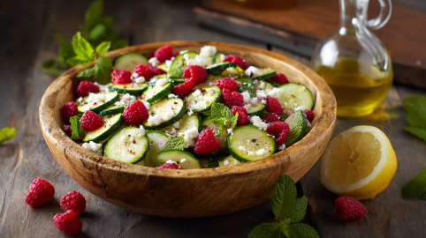 Zucchini-Gurken-Salat in einer großen Schüssel. Als Dekoration stehen ein Kännchen mit Olivenöl, eine aufgeschnittene Zitrone und Himbeeren herum.