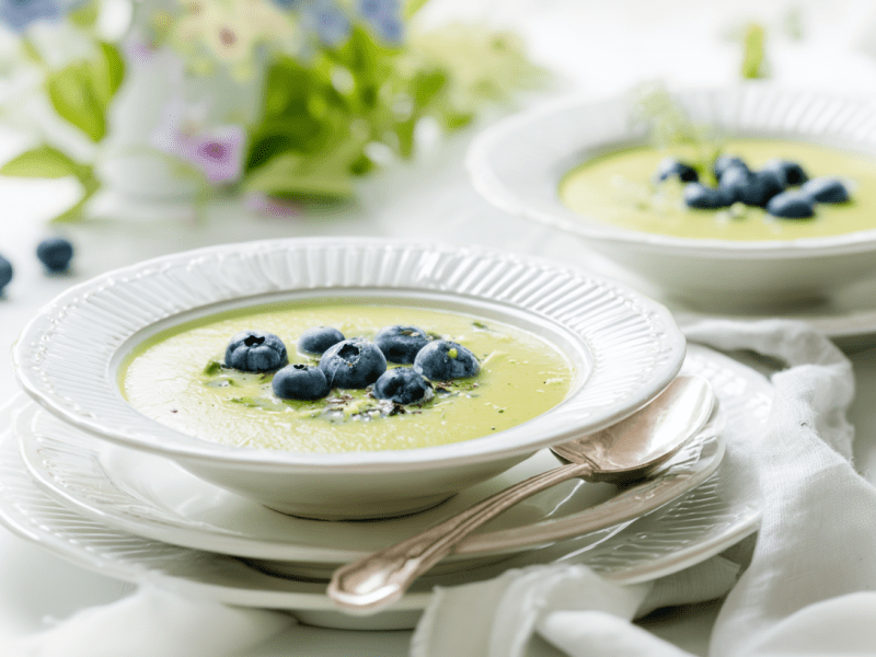 Zwei Schalen mit Zucchini-Kaltschale.