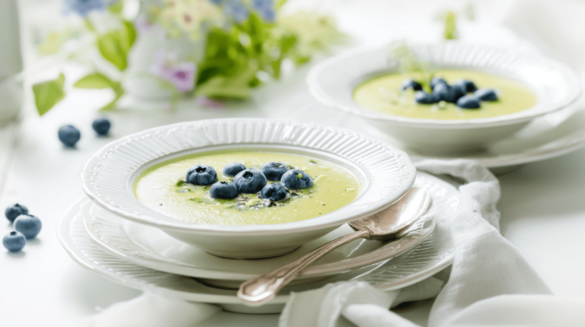 Zwei Schalen mit Zucchini-Kaltschale.