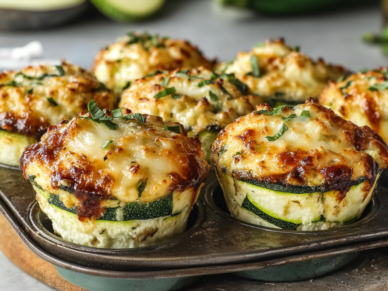 Mehrere Zucchini-Lasagne-Muffins in einem Muffinblech.
