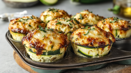 Mehrere Zucchini-Lasagne-Muffins in einem Muffinblech.