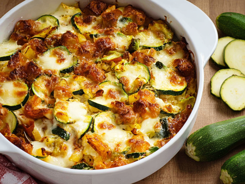 Eine Auflaufform mit Zucchini-Mozzarella-Auflauf, daneben liegen Zucchini.