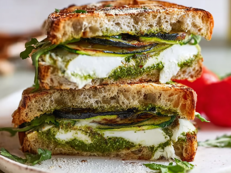 Zwei Scheiben aufeinander gestapelte Zucchini-Pesto-Stulle mit Burrata.