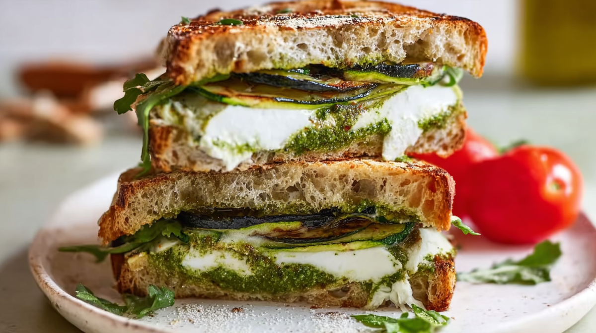 Zwei Scheiben aufeinander gestapelte Zucchini-Pesto-Stulle mit Burrata.