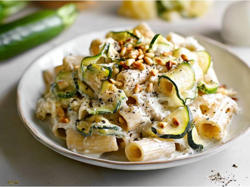 Ein Teller mit Zucchini-Zitronen-Pasta mit Ricotta