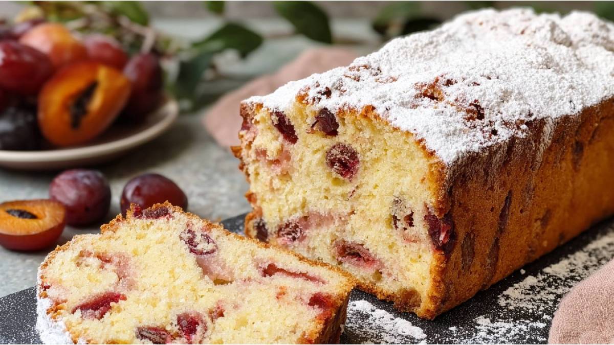 ein angeschnittener Zwetschgen-Joghurt-Kuchen aus der Kastenform auf einem Tisch, Zwetschgen daneben