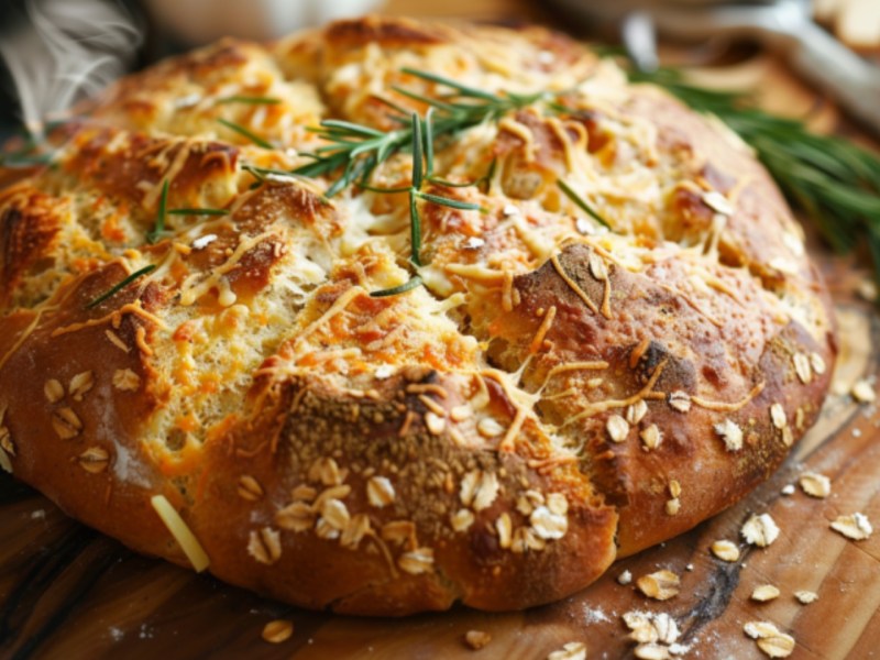 Ein Airfryer-Brot auf einem Holzbrett.