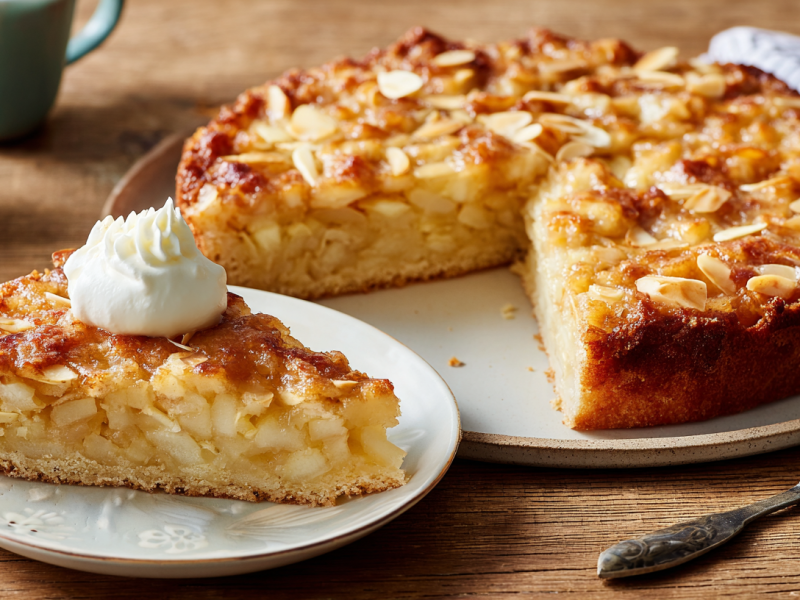 Ein Stück Apfel-Bienenstich auf einem kleinen Teller mit etwas Sahne darauf. im Hintergrund sieht man den restlichen Kuchen.