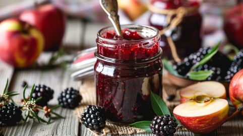 Ein Glas mit Apfel-Brombeer-Marmelade, drum herum liegen Früchte.