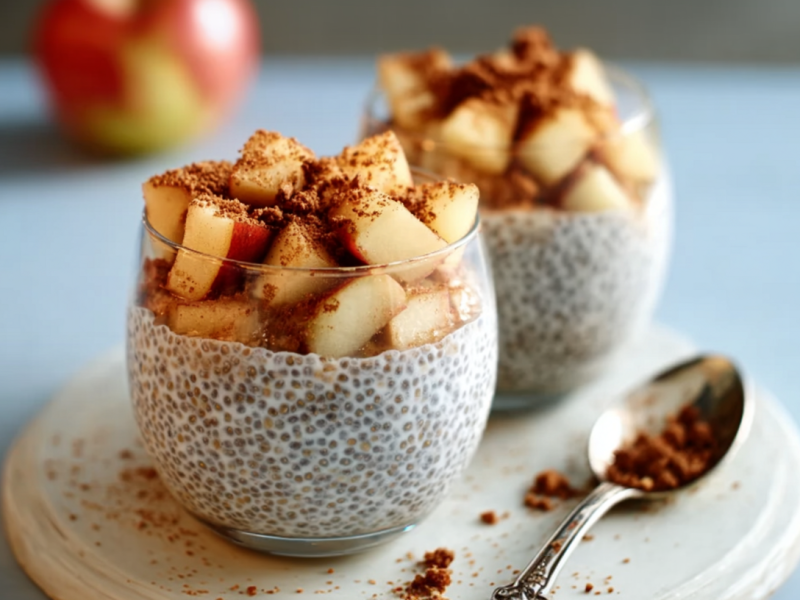 Zwei Gläser mit Apfel-Crumble-Chia-Pudding.