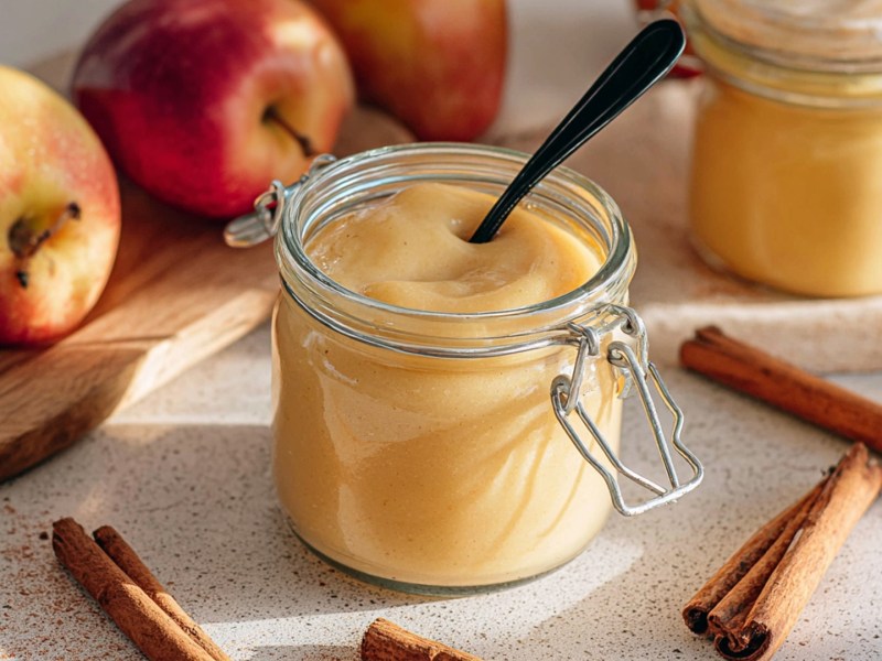 Ein Glas Apfel-Curd, das auf einer hellen Arbeitsfläche steht und von Zimtstangen und frischen Äpfeln umgeben ist.