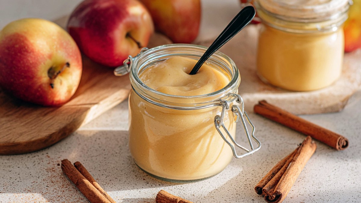 Ein Glas Apfel-Curd, das auf einer hellen Arbeitsfläche steht und von Zimtstangen und frischen Äpfeln umgeben ist.