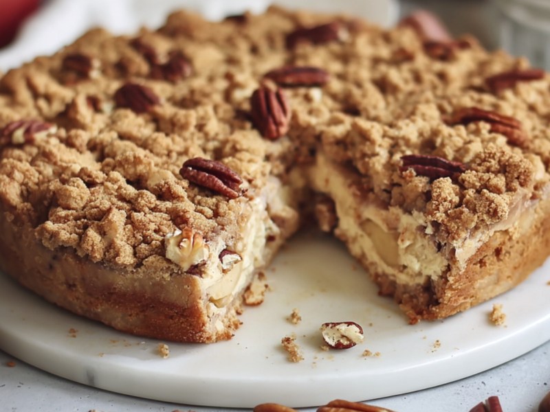 Ein angeschnittener Apfel-Pekannuss-Kuchen mit Streuseln.