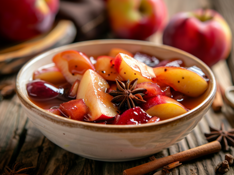 Eine Schüssel voll Apfel-Pflaumen-Grütze. Äpfel und Zimtstangen liegen als Deko außen herum.