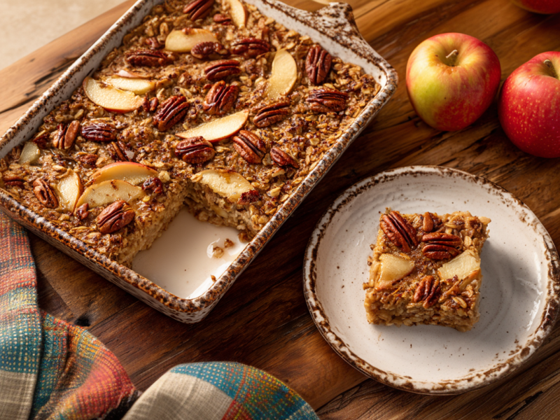 Ein Apfel-Zimt-Auflauf auf einem Holztisch. Ein Stück des Auflaufs liegt auf einem Teller vor der Auflaufform. Dahinter liegen einige Äpfel sowie ein Messer.
