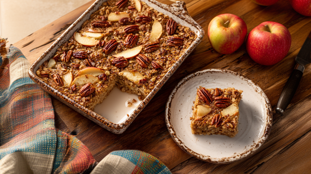 Ein Apfel-Zimt-Auflauf auf einem Holztisch. Ein Stück des Auflaufs liegt auf einem Teller vor der Auflaufform. Dahinter liegen einige Äpfel sowie ein Messer.