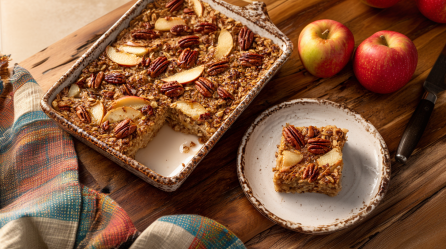 Ein Apfel-Zimt-Auflauf auf einem Holztisch. Ein Stück des Auflaufs liegt auf einem Teller vor der Auflaufform. Dahinter liegen einige Äpfel sowie ein Messer.