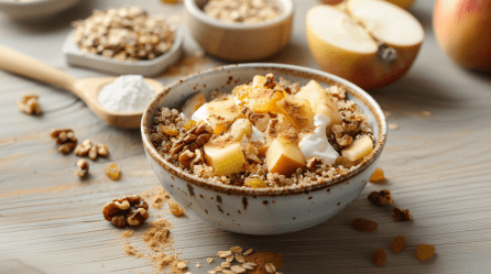 Eine Schüssel mit Apfel-Zimt-Quinoa auf einem Holztisch. hIm Hintergrund sieht man einzige weitere Zutaten, wie Nüsse, Haferflocken und einen Apfel, Um die Schüssel verteilt liegen Nüsse, Zimtpulver, Haferflocken und Rosinen.