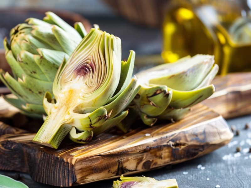 Artischocken richtig zubereiten: eine aufgeschnittene Artischocke, die auf einem Holzbrett liegt.