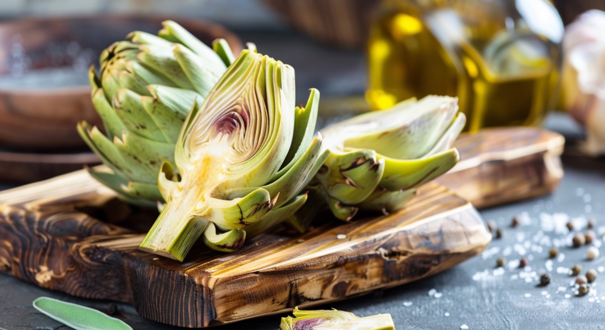 Artischocken richtig zubereiten: eine aufgeschnittene Artischocke, die auf einem Holzbrett liegt.