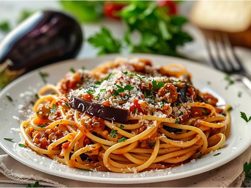 Ein Teller mit Auberginen-Tomaten-Pasta