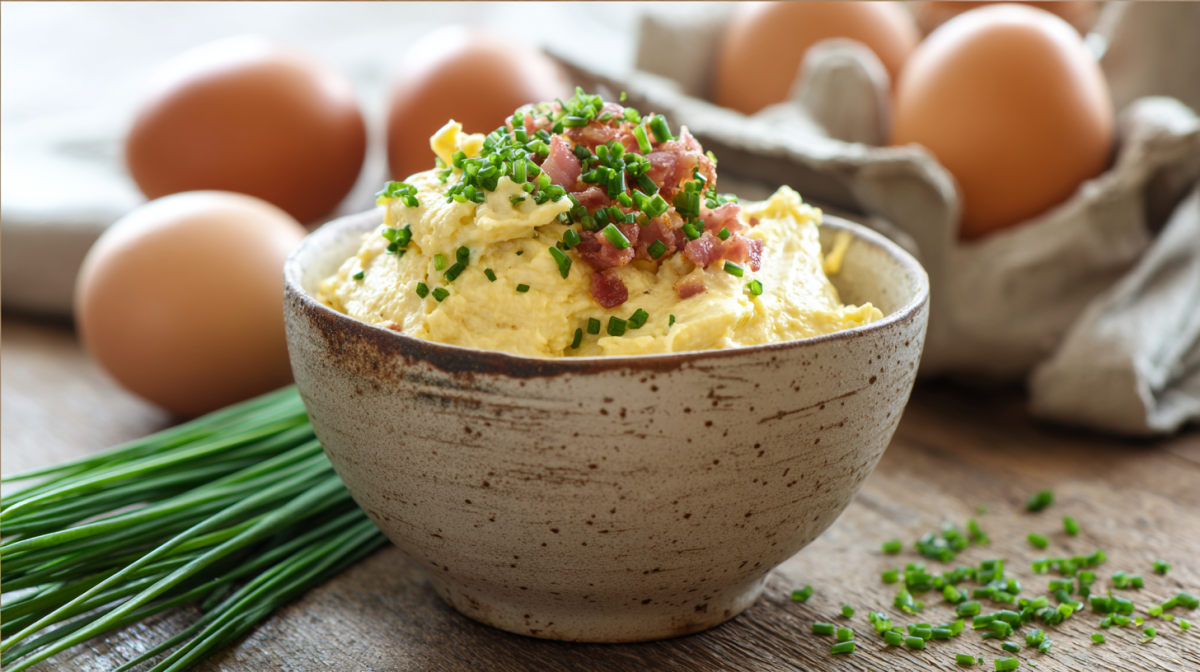 Eine Schale mit Bacon-Ei-Aufstrich, dahinter Schnittlauch und mehrere Eier.