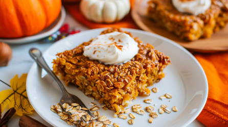 Ein Stück Baked Oats mit Kürbis, serviert mit Mascarponecreme.