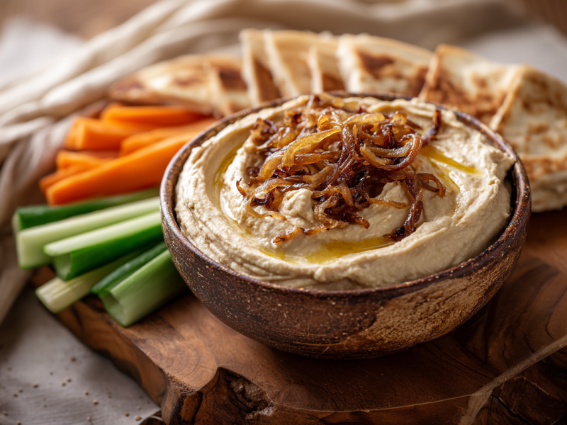 Eine Schale mit Balsamico-Zwiebel-Hummus steht auf einer Holzscheibe. Hinter der Schale sind mehrere Stücke Pita sowie Karotten- und Gurkensticks.