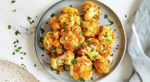 Bang Bang Blumenkohl auf einem Teller in der Draufsicht.