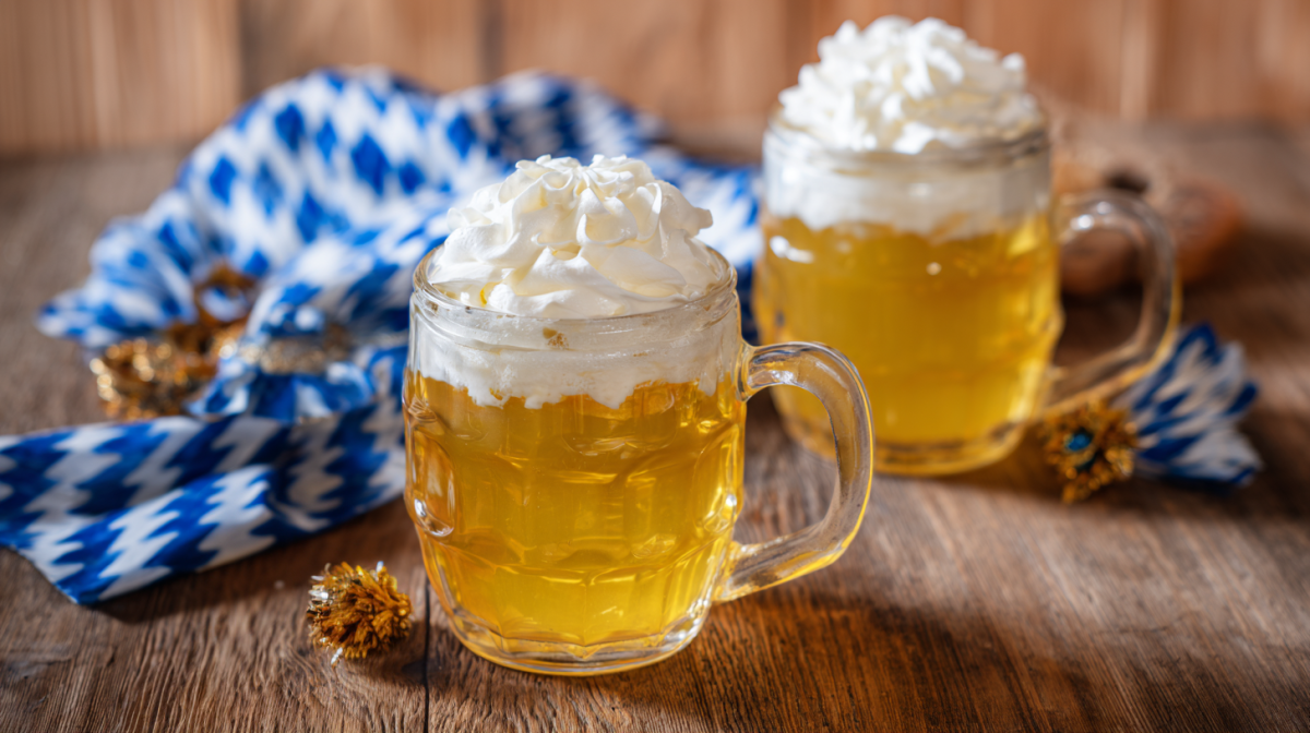 Zwei Gläser, die mit Bier-Wackelpudding gefüllt sind auf einem Holztisch. Neben den Gläsern liegen kleine, goldene Dekobällchen und traditionelle bayerische Platzdeckchen.
