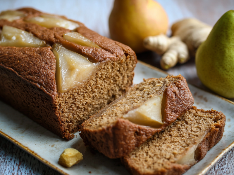 Ein Birnen-Ingwer-Brot, das angeschnitten wurde.