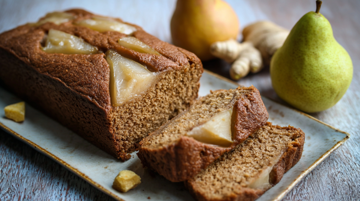 Ein Birnen-Ingwer-Brot, das angeschnitten wurde.