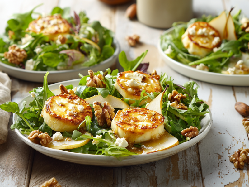 Birnen-Ziegenkäsesalat auf drei Tellern auf einem Holztisch. Um die Teller verteilt liegen einige Nüsse.