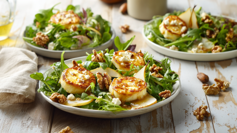 Birnen-Ziegenkäsesalat auf drei Tellern auf einem Holztisch. Um die Teller verteilt liegen einige Nüsse.