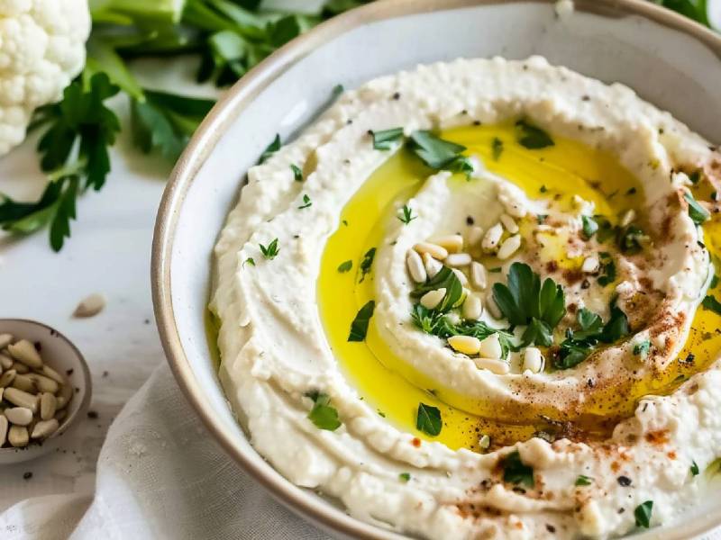 Schale mit Blumenkohl-Hummus