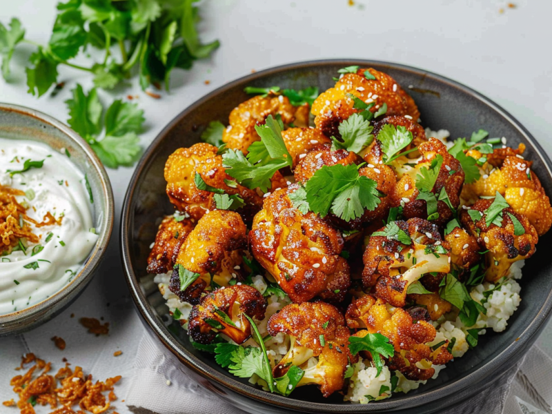 Blumenkohl-Wings mit Blumenkohlreis, angerichtet auf einem Teller. Daneben steht ein Schälchen mit Joghurt-Dip mit Röstzwiebeln.