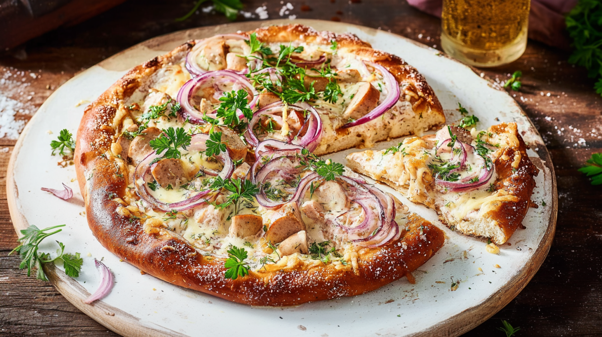 Brezel-Pizza mit Weißwurst, serviert auf einem rustikalen Brett.