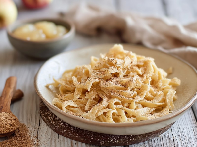 Ein Teller mit Bröselnudeln. Im Hintergrund steht eine kleine Schale mit Apfelmus und Äpfel liegen herum. Außerdem kann man Zimtstangen und einen Holzlöffel mit Zimt sehen.