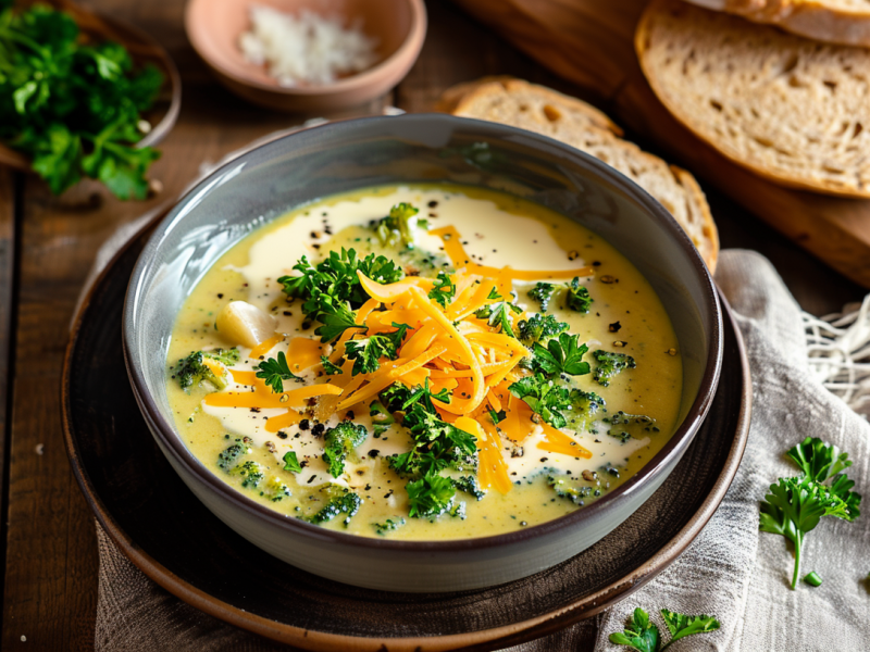 Ein Teller mit Brokkoli-Kartoffel-Suppe mit Käse und frischen Kräutern.