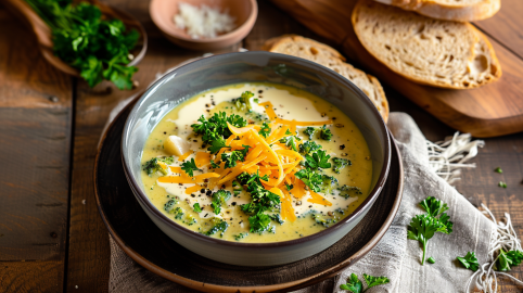 Ein Teller mit Brokkoli-Kartoffel-Suppe mit Käse und frischen Kräutern.
