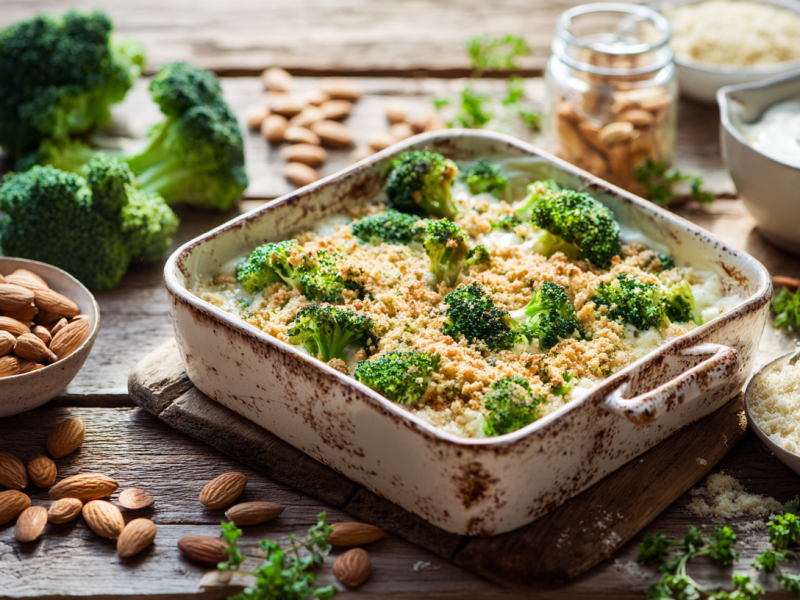 Eine Auflaufform mit Brokkoli-Mandel-Gratin, daneben Zutaten.