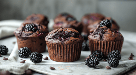Mehrere Brombeer-Schoko-Muffins sind auf einem Tablett angerichtet. Frische Beeren liegen als Deko außen herum.