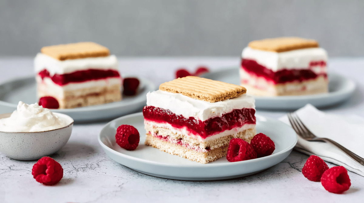 Drei Teller mit Stücken von Butterkekskuchen vom Blech.