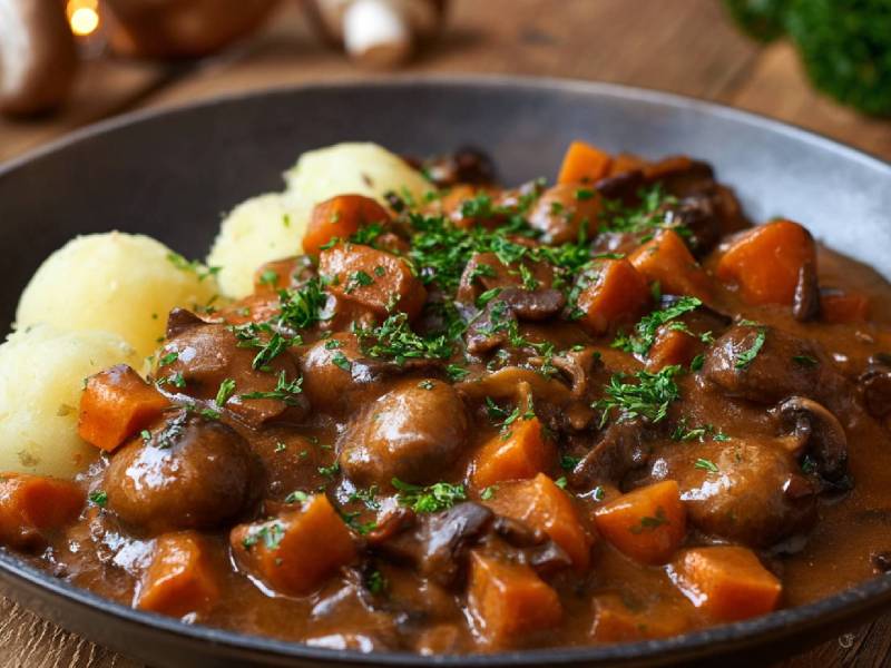 Teller mit Champignon-Ragout mit Malzbier und Mini-Knödeln